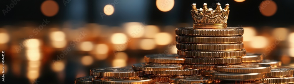 Stack of golden coins with a crown on top, wealth and power, 3D illustration Stack of golden coins with a crown on top, wealth and power, 3D illustration