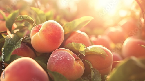 Fresh, ripe peaches hanging on tree branches with sunlight filtering through foliage, creating a warm and inviting orchard scene. photo