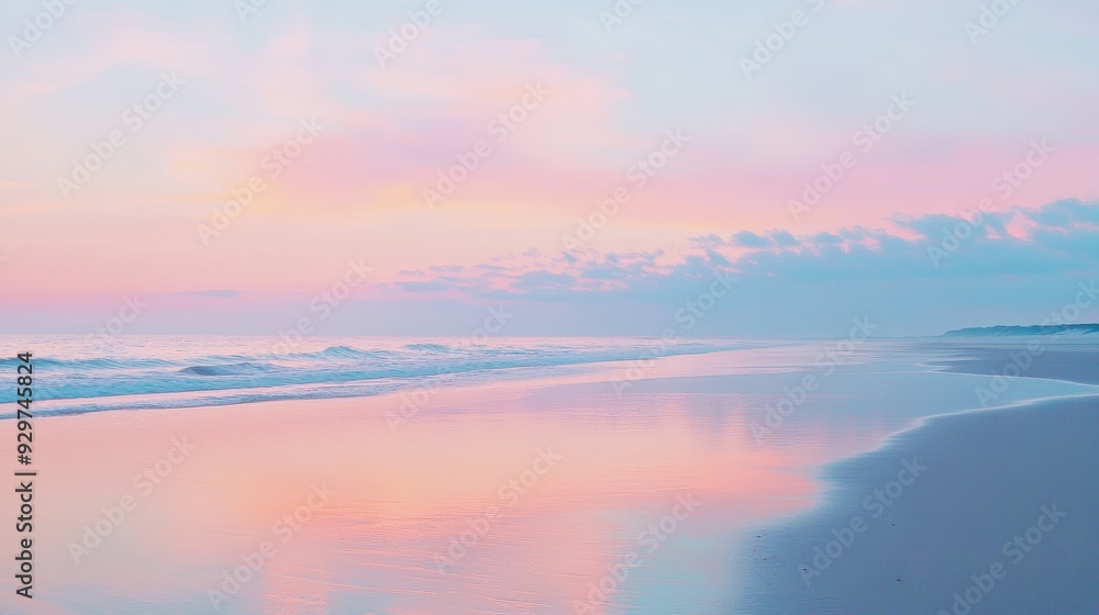 Fototapeta premium Serene beach at sunset with pastel colors reflecting on calm water.