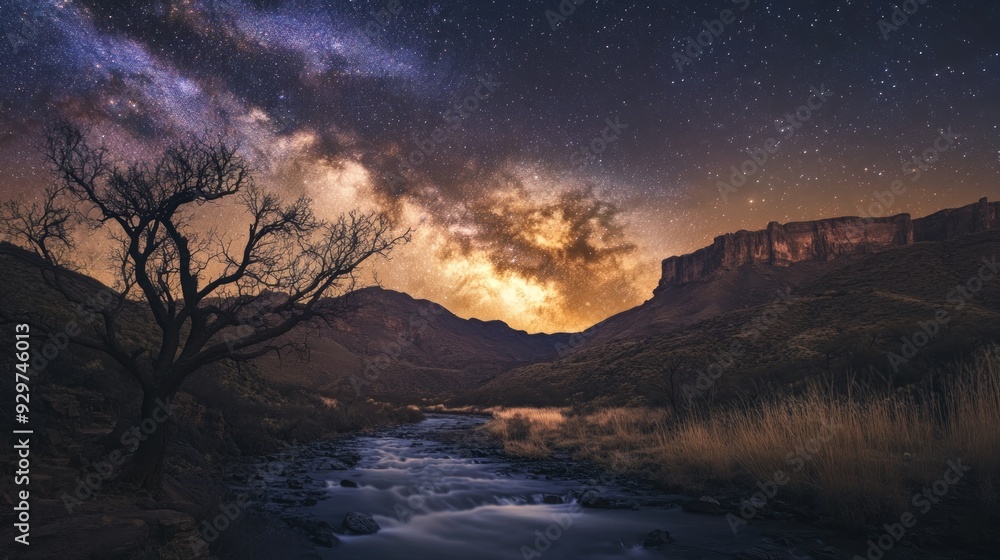 Milky Way over a Mountain Stream in a Canyon Milky Way over a Mountain Stream in a Canyon