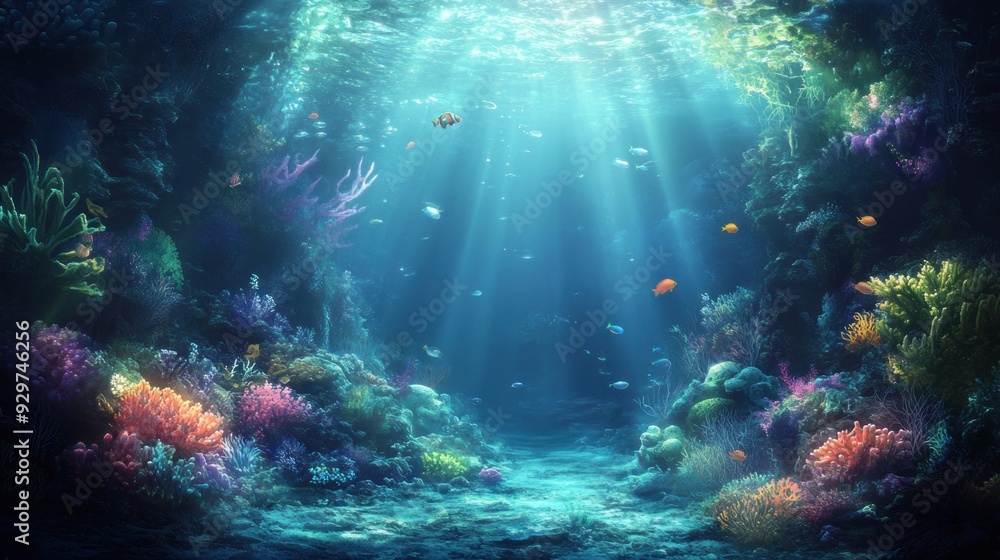Fototapeta premium Underwater Coral Reef with Sunlight and Fish