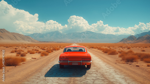 A red car is driving down a road in a desert. The sky is cloudy and the sun is shining