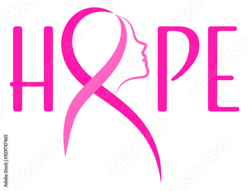 Hope text banner design with pink ribbon and woman face. Breast cancer awareness month. Calligraphy design for poster, banner, t-shirt. Vector illustration.