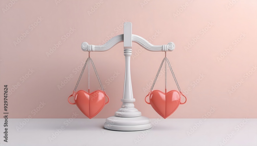 3D rendering of justice level balanced with heart level in equal legal love concept. 3D rendering of justice level balanced with heart level in equal legal love concept.