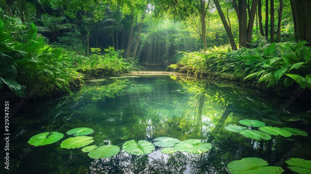 Obraz premium Serene forest landscape with a tranquil pond surrounded by lush greenery and sunlight.