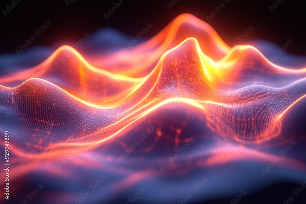 A vibrant and abstract depiction of a glowing waveform, featuring undulating curves and peaks in bright orange and purple hues. A vibrant and abstract depiction of a glowing waveform, featuring undulating curves and peaks in bright orange and purple hues.