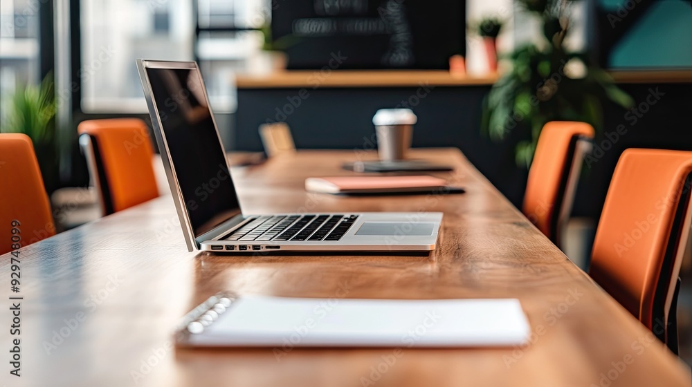 Close-up of a conference room table with a laptop and notepad, featuring ample copy space for adding your own content Close-up of a conference room table with a laptop and notepad, featuring ample copy space for adding your own content