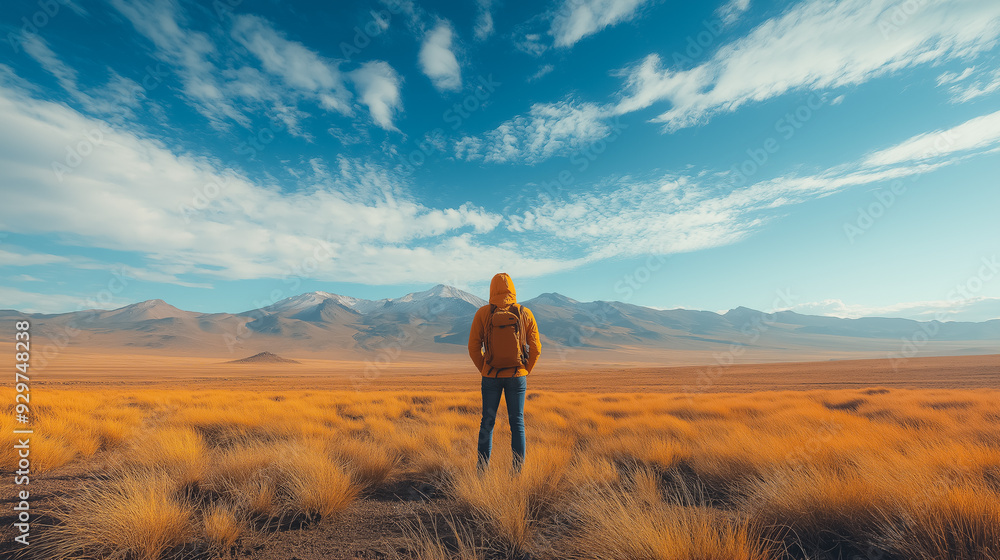 Obraz premium Hiker in yellow jacket standing in a vast golden field with mountains