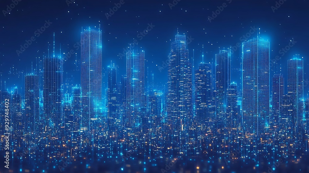 Futuristic cityscape with glowing buildings at night. Futuristic cityscape with glowing buildings at night.