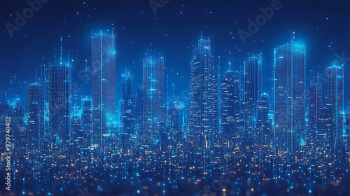 Futuristic cityscape with glowing buildings at night.