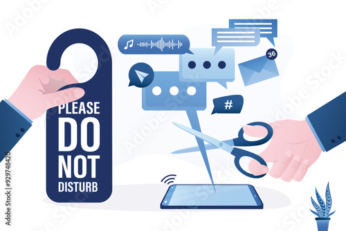 Human hand uses scissors to cut out all messages and notifications. Huge sign - Do not disturb. Digital detox. Block unwanted messages, filter spam and chats from unknown senders.