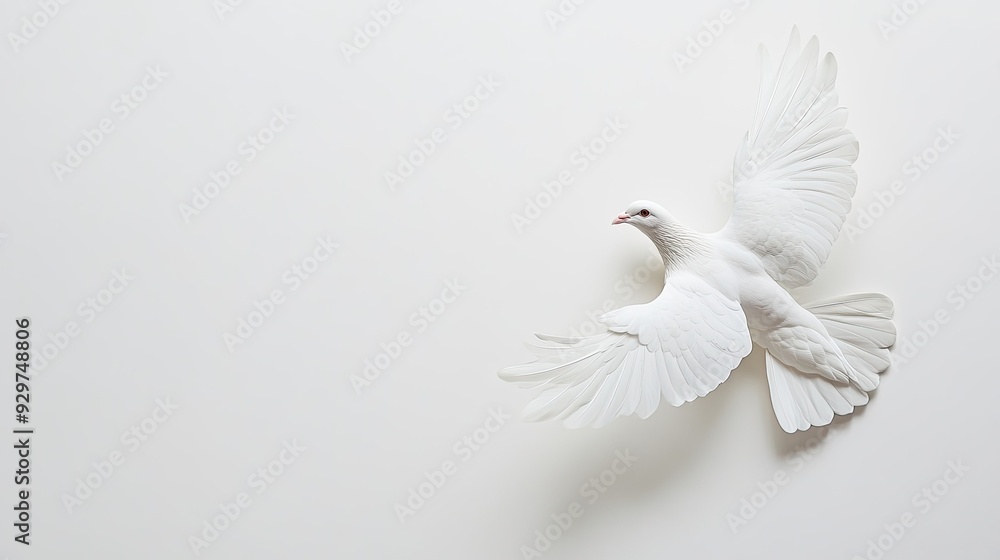 Obraz premium Top view of a single white dove on a clean, white background, symbolizing peace and purity with ample copy space