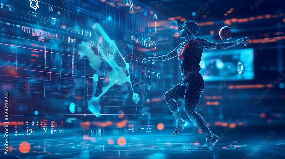 Futuristic athlete with a wireframe design in a digital environment. Futuristic athlete with a wireframe design in a digital environment.