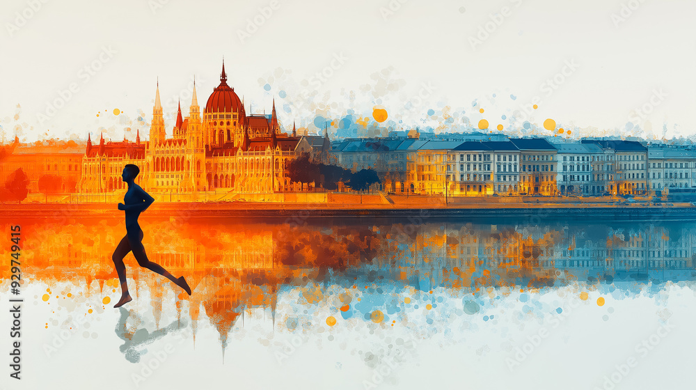 Obraz premium A woman runs in front of a city with a large building in the background. The image has a vibrant and energetic mood, with the woman's movement and the colorful cityscape creating a sense of motion