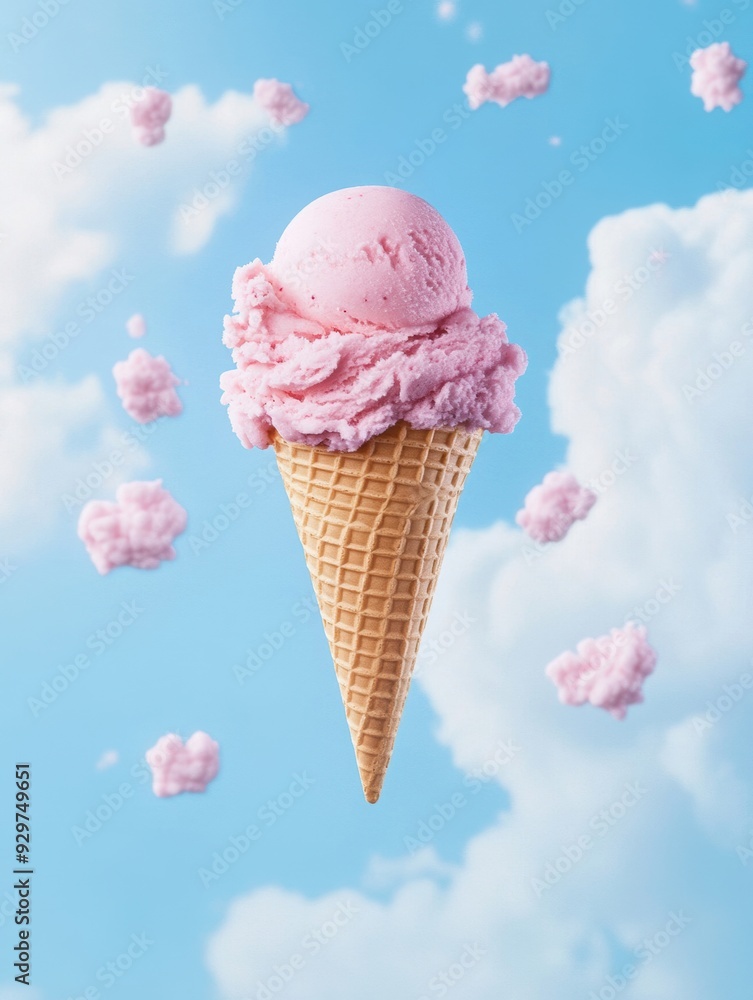 A surreal image featuring a floating homemade ice cream cone amidst a sky filled with fluffy clouds A surreal image featuring a floating homemade ice cream cone amidst a sky filled with fluffy clouds