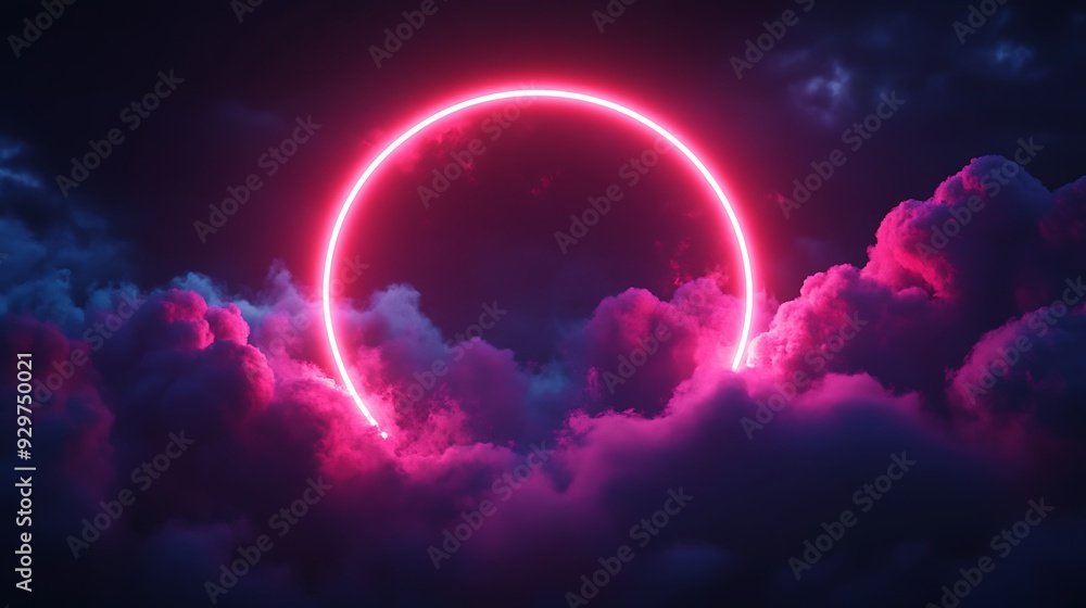 Pink neon circle light in the night sky with clouds.