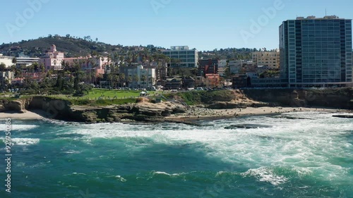 Approaching the Rocky Coast of La Jolla, Ascending, Revealing Cityscape