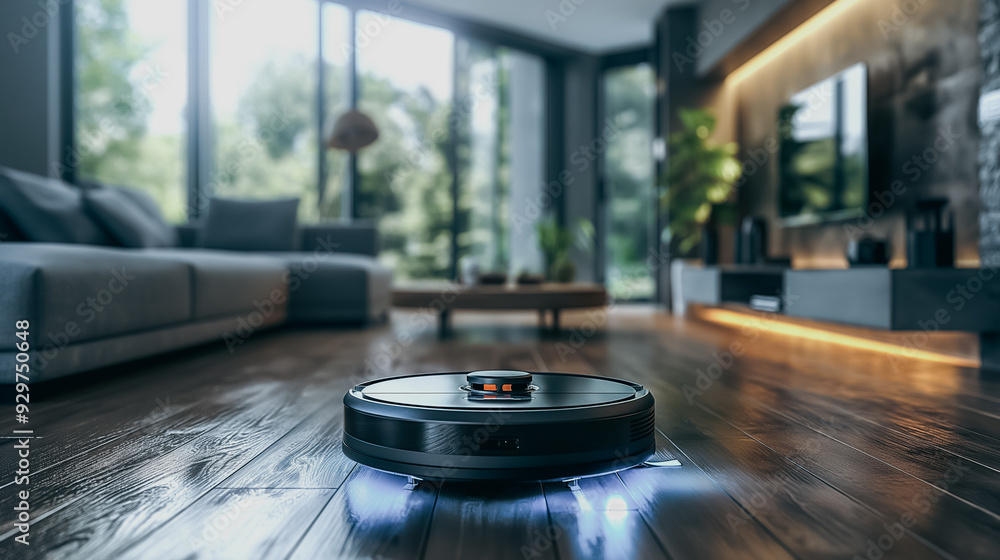 A robot vacuum cleaner is in a living room. The robot is on the floor and is moving around A robot vacuum cleaner is in a living room. The robot is on the floor and is moving around