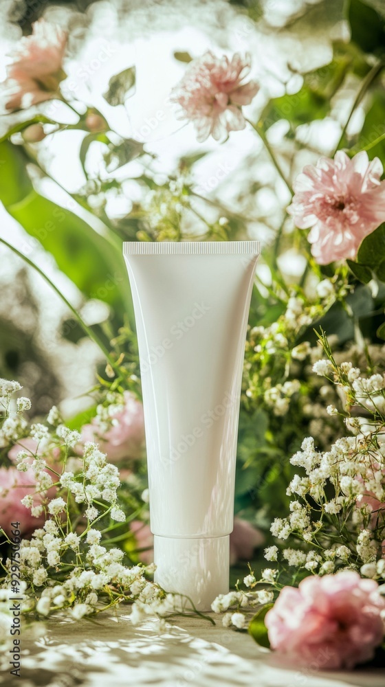 White cosmetic tube mockup among different colorful flowers, concept of beauty and nature White cosmetic tube mockup among different colorful flowers, concept of beauty and nature