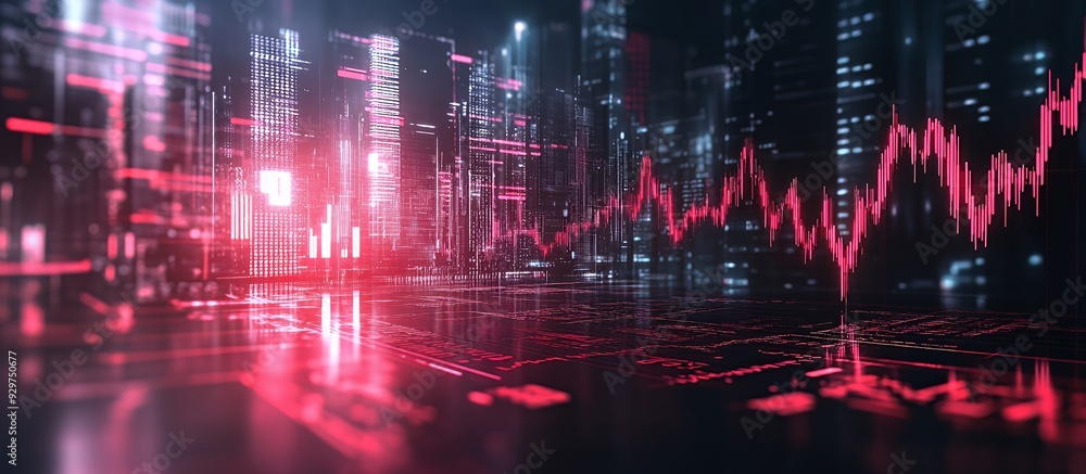 Fototapeta premium A glowing red stock market graph overlays a futuristic city street at night, symbolizing financial volatility and economic data analysis in a digital landscape.