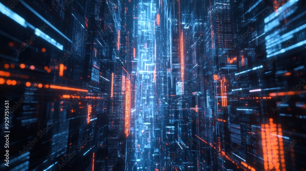 Obraz premium Abstract Digital Cityscape with Red and Blue Glowing Lines