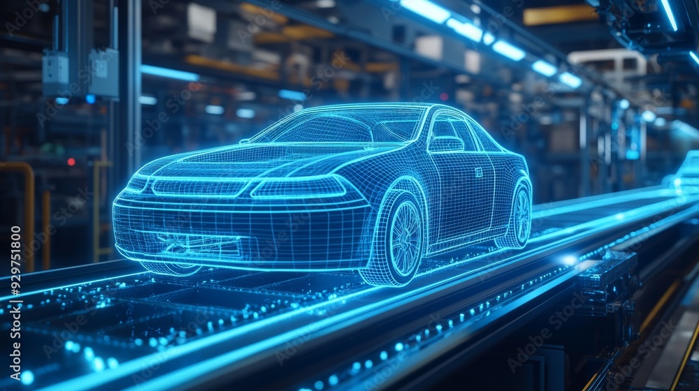 Cars are moving on a conveyor belt in an automotive factory. in wireframe hologram format Equipped with state-of-the-art hi-tech technology Cars are moving on a conveyor belt in an automotive factory. in wireframe hologram format Equipped with state-of-the-art hi-tech technology