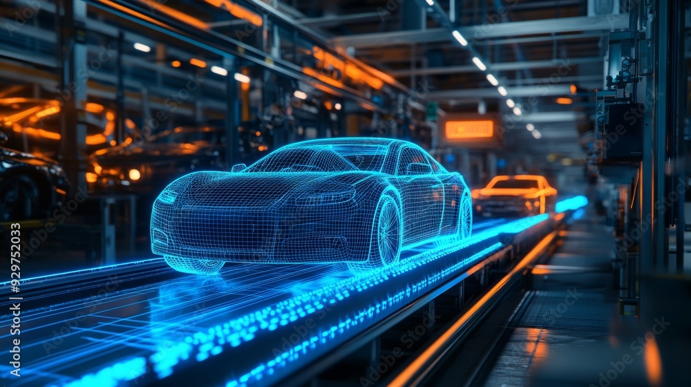 Cars are moving on a conveyor belt in an automotive factory. in wireframe hologram format Equipped with state-of-the-art hi-tech technology Cars are moving on a conveyor belt in an automotive factory. in wireframe hologram format Equipped with state-of-the-art hi-tech technology