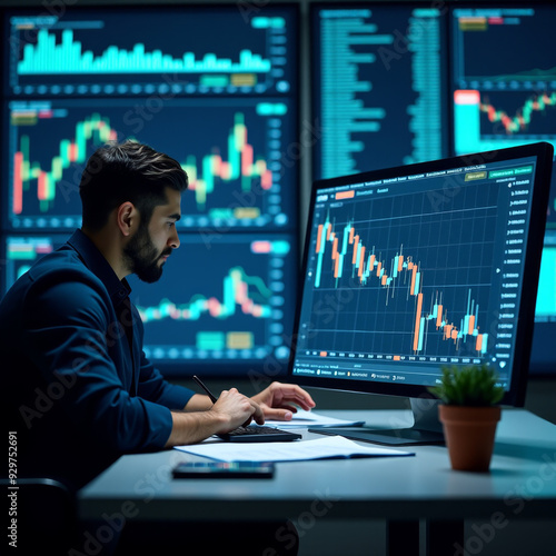 Financial Analyst Analyzing Economic Interest Rates with Charts and Reports