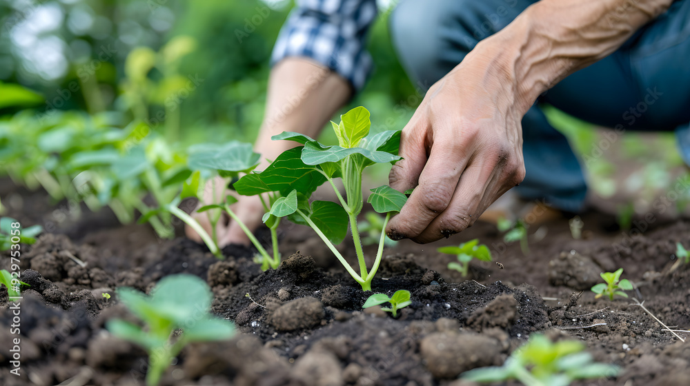 Farmer planting and moving young plant sprout in the on the farm field Farmer planting and moving young plant sprout in the on the farm field