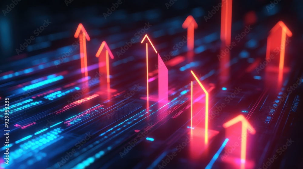 Financial bar graph with glowing arrows, representing market growth, 3D illustration Financial bar graph with glowing arrows, representing market growth, 3D illustration