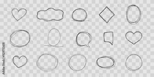 Speech bubble frame scribble fast hand drawing, pent or marker drawing. Comic sketch border, highlight. Cloud, heart, circle bubble chat, text box.