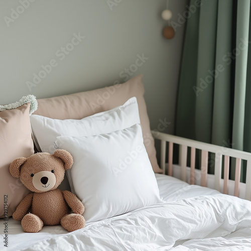 baby nursery room, Close up of bed with white bedding , teddy bear and pillow, Scandinavian interior design of modern bedroom