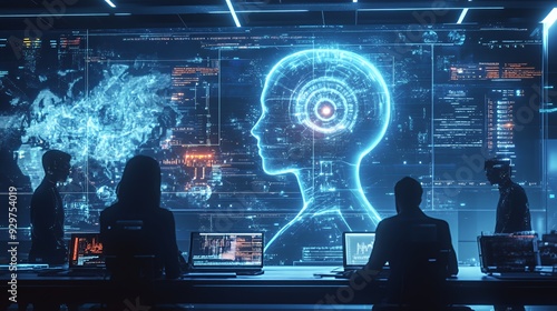 Futuristic control room with digital interfaces and a holographic head display.