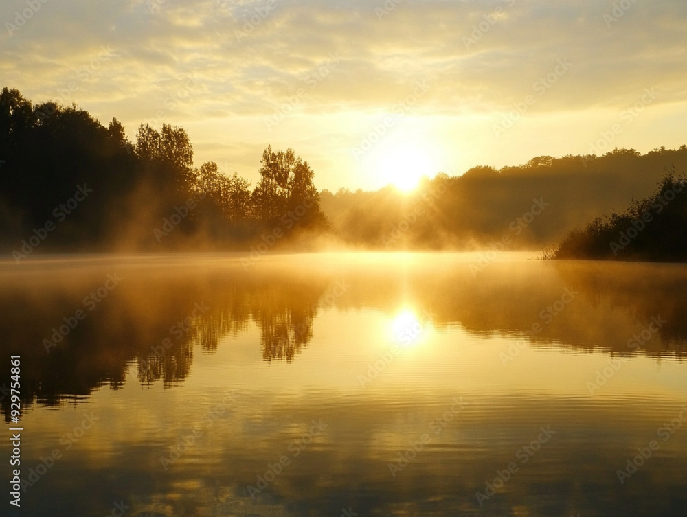 Fototapeta premium Calm sunrise over a foggy lake with reed silhouettes.