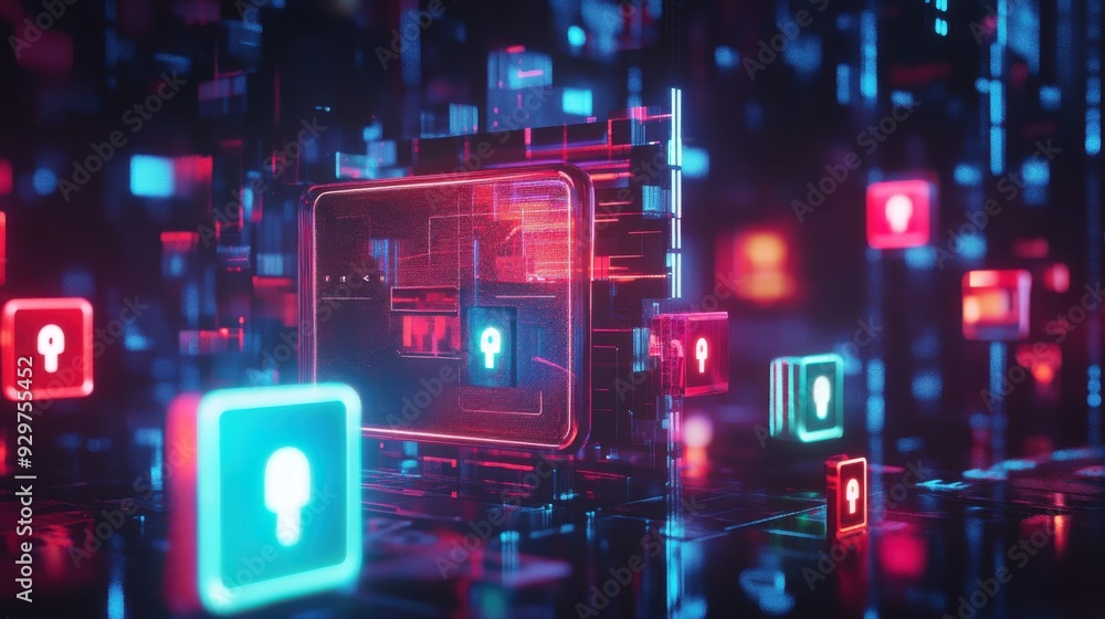 Fototapeta premium Digital wallet with floating locks, representing financial security, 3D illustration