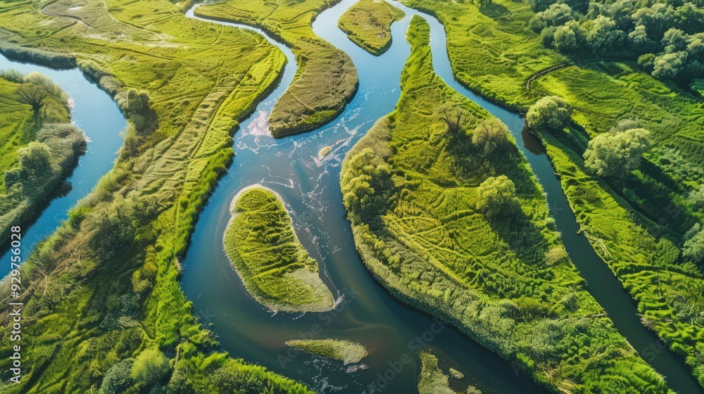 Visualize an aerial view of a river with a focus on the intricate patterns created by its meanders and bends Visualize an aerial view of a river with a focus on the intricate patterns created by its meanders and bends