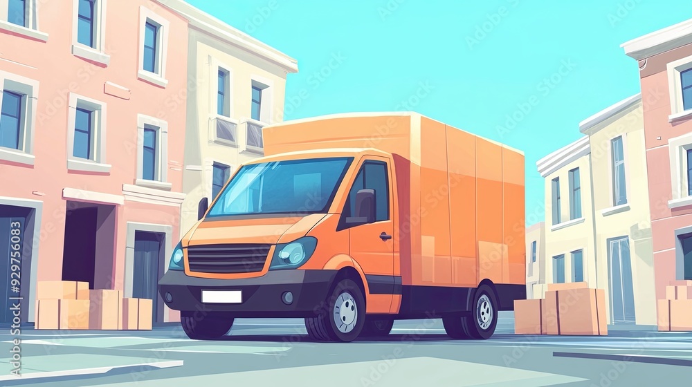 Obraz premium delivery van with parcels in flat design front view urban logistics cartoon drawing colored pastel