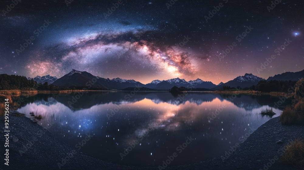 Milky Way Galaxy Reflected in a Still Lake Surrounded by Mountains Milky Way Galaxy Reflected in a Still Lake Surrounded by Mountains