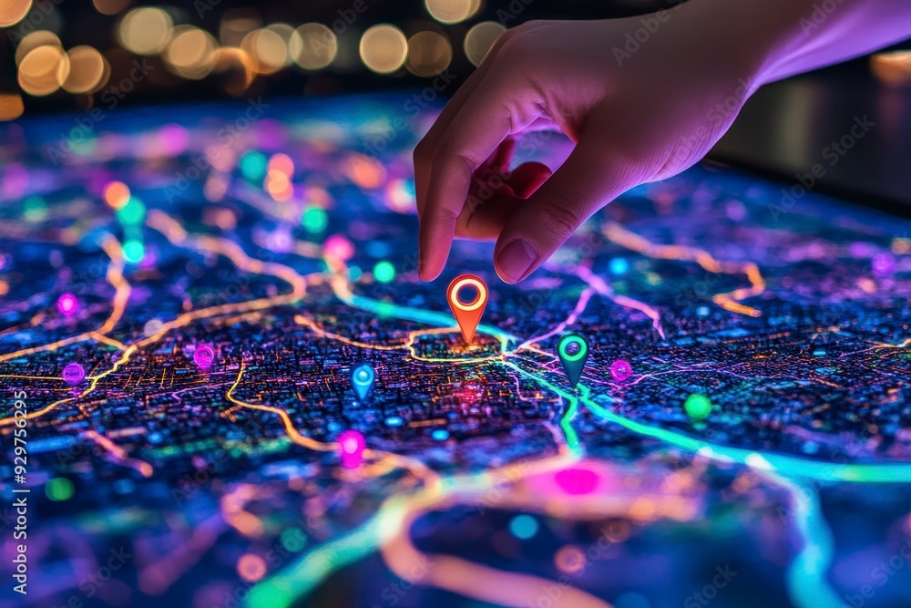 Naklejka premium Hand places pin on glowing digital map, emphasizing precision, navigation, and urban technology.