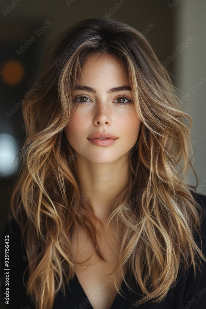Elegant Portrait of a Woman with Soft Wavy Hair and a Natural Glow Elegant Portrait of a Woman with Soft Wavy Hair and a Natural Glow