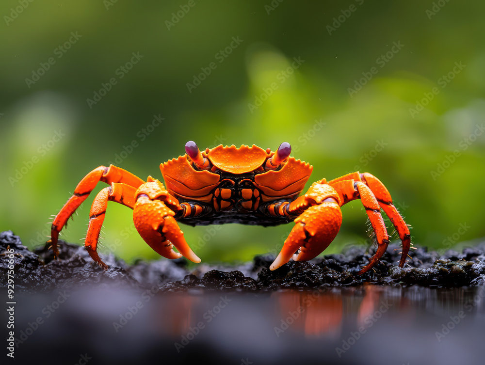 A crab is standing on a rock in a pond A crab is standing on a rock in a pond
