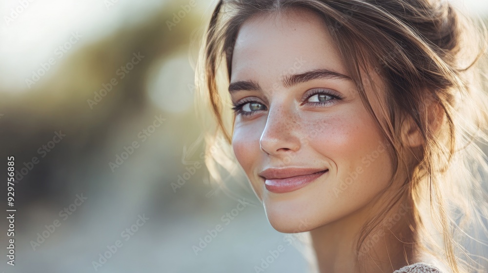 A beautiful woman with a smooth face, slightly smiling and showing a gentle, confident demeanor A beautiful woman with a smooth face, slightly smiling and showing a gentle, confident demeanor