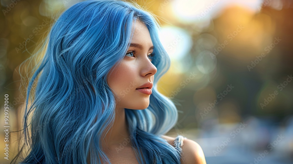 Fototapeta premium Radiant Portrait of a Blue-Haired Woman in Soft Autumn Light