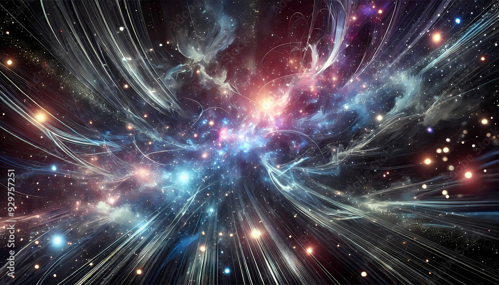 Naklejka premium A wide abstract image featuring a cosmic energy theme. The image uses dark colors such as deep blues, purples, and blacks to create a mysterious, space. Generative AI