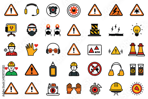 Set of industrial safety icons with hazard, risk and management symbols.