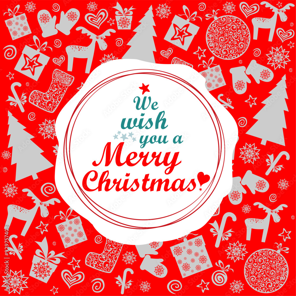 Naklejka premium We wish you a Merry Christmas! Vintage card with Christmas tree, ball, gift box. Bright Winter holiday composition. Greeting card, banner, poster. Vector illustration