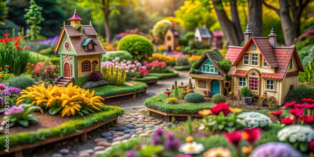Obraz premium Delicate tiny houses, adorned with intricate details, nestled among lush greenery, vibrant flowers, and meandering pathways in a whimsical miniature park setting.