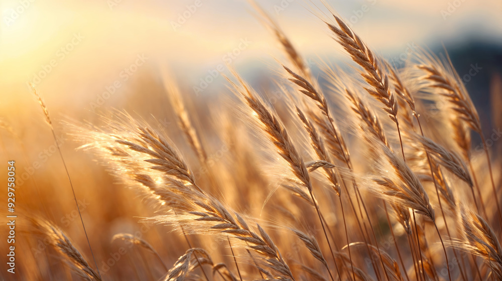 Golden wheat stalks swaying in warm sunlight, close-up of ripe grain field at sunset, depicting bountiful harvest and rural tranquility Golden wheat stalks swaying in warm sunlight, close-up of ripe grain field at sunset, depicting bountiful harvest and rural tranquility