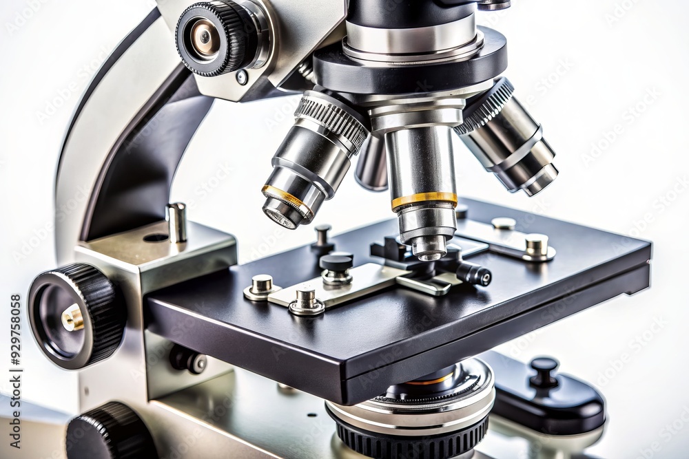 High-contrast macro view of a laboratory microscope's intricate mechanical components, including lenses, stages, and adjustment knobs, on a clean white background. High-contrast macro view of a laboratory microscope's intricate mechanical components, including lenses, stages, and adjustment knobs, on a clean white background.