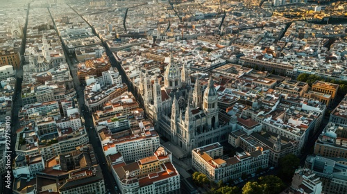 Visualize Madrid's historic cathedrals and churches, such as Almudena Cathedral, standing out amidst the cityscape in an aerial photograph